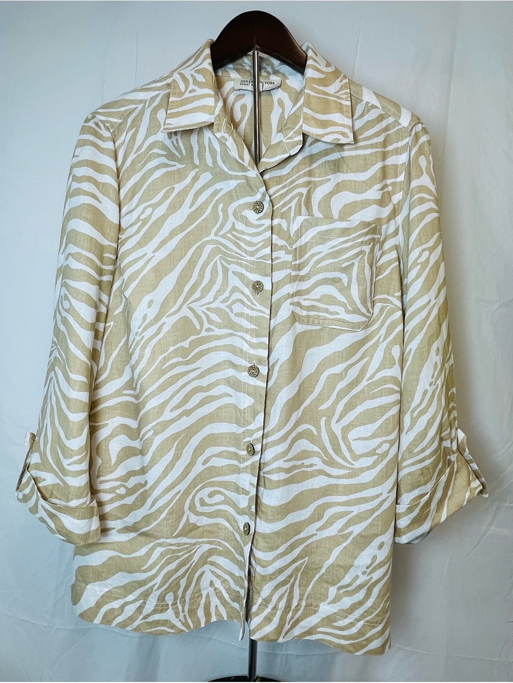 Jones New York Zebra Print Button-Up Shirt Size 1X, 100% Linen